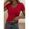 imagePRETTYGARDEN Women 2026 Spring Tops Trendy Ribbed Short Sleeve V Neck Fitted Basic Tee Shirts Casual Going Out Summer OutfitsRed