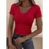 imagePRETTYGARDEN Women 2026 Spring Tops Trendy Ribbed Short Sleeve V Neck Fitted Basic Tee Shirts Casual Going Out Summer OutfitsRed