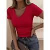 imagePRETTYGARDEN Women 2026 Spring Tops Trendy Ribbed Short Sleeve V Neck Fitted Basic Tee Shirts Casual Going Out Summer OutfitsRed