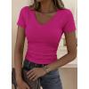 imagePRETTYGARDEN Women 2026 Spring Tops Trendy Ribbed Short Sleeve V Neck Fitted Basic Tee Shirts Casual Going Out Summer OutfitsRose Red