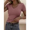 imagePRETTYGARDEN Women 2026 Spring Tops Trendy Ribbed Short Sleeve V Neck Fitted Basic Tee Shirts Casual Going Out Summer OutfitsTaupe