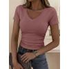 imagePRETTYGARDEN Women 2026 Spring Tops Trendy Ribbed Short Sleeve V Neck Fitted Basic Tee Shirts Casual Going Out Summer OutfitsTaupe
