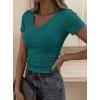 imagePRETTYGARDEN Women 2026 Spring Tops Trendy Ribbed Short Sleeve V Neck Fitted Basic Tee Shirts Casual Going Out Summer OutfitsTeal
