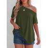 imagePRETTYGARDEN Womens Off The Shoulder Summer Tops Short Sleeve Tunic Blouse 2026 Casual Spring Asymmetrical Oversized TshirtsArmy Green