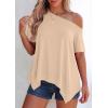 imagePRETTYGARDEN Womens Off The Shoulder Summer Tops Short Sleeve Tunic Blouse 2026 Casual Spring Asymmetrical Oversized TshirtsBeige