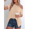 imagePRETTYGARDEN Womens Off The Shoulder Summer Tops Short Sleeve Tunic Blouse 2026 Casual Spring Asymmetrical Oversized TshirtsBeige