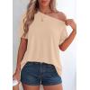 imagePRETTYGARDEN Womens Off The Shoulder Summer Tops Short Sleeve Tunic Blouse 2026 Casual Spring Asymmetrical Oversized TshirtsBeige