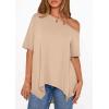 imagePRETTYGARDEN Womens Off The Shoulder Summer Tops Short Sleeve Tunic Blouse 2026 Casual Spring Asymmetrical Oversized TshirtsBeige
