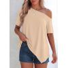 imagePRETTYGARDEN Womens Off The Shoulder Summer Tops Short Sleeve Tunic Blouse 2026 Casual Spring Asymmetrical Oversized TshirtsBeige