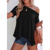 imagePRETTYGARDEN Womens Off The Shoulder Summer Tops Short Sleeve Tunic Blouse 2026 Casual Spring Asymmetrical Oversized TshirtsBlack