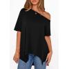 imagePRETTYGARDEN Womens Off The Shoulder Summer Tops Short Sleeve Tunic Blouse 2026 Casual Spring Asymmetrical Oversized TshirtsBlack