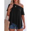 imagePRETTYGARDEN Womens Off The Shoulder Summer Tops Short Sleeve Tunic Blouse 2026 Casual Spring Asymmetrical Oversized TshirtsBlack