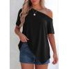 imagePRETTYGARDEN Womens Off The Shoulder Summer Tops Short Sleeve Tunic Blouse 2026 Casual Spring Asymmetrical Oversized TshirtsBlack