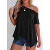 imagePRETTYGARDEN Womens Off The Shoulder Summer Tops Short Sleeve Tunic Blouse 2026 Casual Spring Asymmetrical Oversized TshirtsBlack