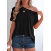 imagePRETTYGARDEN Womens Off The Shoulder Summer Tops Short Sleeve Tunic Blouse 2026 Casual Spring Asymmetrical Oversized TshirtsBlack