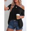 imagePRETTYGARDEN Womens Off The Shoulder Summer Tops Short Sleeve Tunic Blouse 2026 Casual Spring Asymmetrical Oversized TshirtsBlack