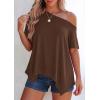 imagePRETTYGARDEN Womens Off The Shoulder Summer Tops Short Sleeve Tunic Blouse 2026 Casual Spring Asymmetrical Oversized TshirtsBrown