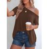 imagePRETTYGARDEN Womens Off The Shoulder Summer Tops Short Sleeve Tunic Blouse 2026 Casual Spring Asymmetrical Oversized TshirtsBrown