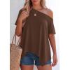 imagePRETTYGARDEN Womens Off The Shoulder Summer Tops Short Sleeve Tunic Blouse 2026 Casual Spring Asymmetrical Oversized TshirtsBrown