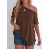 imagePRETTYGARDEN Womens Off The Shoulder Summer Tops Short Sleeve Tunic Blouse 2026 Casual Spring Asymmetrical Oversized TshirtsBrown