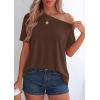 imagePRETTYGARDEN Womens Off The Shoulder Summer Tops Short Sleeve Tunic Blouse 2026 Casual Spring Asymmetrical Oversized TshirtsBrown