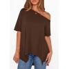 imagePRETTYGARDEN Womens Off The Shoulder Summer Tops Short Sleeve Tunic Blouse 2026 Casual Spring Asymmetrical Oversized TshirtsBrown