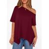 imagePRETTYGARDEN Womens Off The Shoulder Summer Tops Short Sleeve Tunic Blouse 2026 Casual Spring Asymmetrical Oversized TshirtsBurgundy