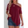 imagePRETTYGARDEN Womens Off The Shoulder Summer Tops Short Sleeve Tunic Blouse 2026 Casual Spring Asymmetrical Oversized TshirtsBurgundy