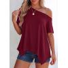 imagePRETTYGARDEN Womens Off The Shoulder Summer Tops Short Sleeve Tunic Blouse 2026 Casual Spring Asymmetrical Oversized TshirtsBurgundy
