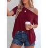 imagePRETTYGARDEN Womens Off The Shoulder Summer Tops Short Sleeve Tunic Blouse 2026 Casual Spring Asymmetrical Oversized TshirtsBurgundy