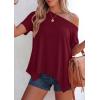 imagePRETTYGARDEN Womens Off The Shoulder Summer Tops Short Sleeve Tunic Blouse 2026 Casual Spring Asymmetrical Oversized TshirtsBurgundy