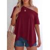 imagePRETTYGARDEN Womens Off The Shoulder Summer Tops Short Sleeve Tunic Blouse 2026 Casual Spring Asymmetrical Oversized TshirtsBurgundy