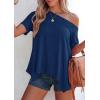imagePRETTYGARDEN Womens Off The Shoulder Summer Tops Short Sleeve Tunic Blouse 2026 Casual Spring Asymmetrical Oversized TshirtsDusty Blue