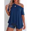 imagePRETTYGARDEN Womens Off The Shoulder Summer Tops Short Sleeve Tunic Blouse 2026 Casual Spring Asymmetrical Oversized TshirtsDusty Blue