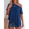 imagePRETTYGARDEN Womens Off The Shoulder Summer Tops Short Sleeve Tunic Blouse 2026 Casual Spring Asymmetrical Oversized TshirtsDusty Blue