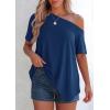 imagePRETTYGARDEN Womens Off The Shoulder Summer Tops Short Sleeve Tunic Blouse 2026 Casual Spring Asymmetrical Oversized TshirtsDusty Blue
