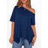 imagePRETTYGARDEN Womens Off The Shoulder Summer Tops Short Sleeve Tunic Blouse 2026 Casual Spring Asymmetrical Oversized TshirtsDusty Blue