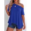 imagePRETTYGARDEN Womens Off The Shoulder Summer Tops Short Sleeve Tunic Blouse 2026 Casual Spring Asymmetrical Oversized TshirtsRoyal Blue