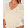 imagePRETTYGARDEN Womens Short Sleeve Sweater Tops 2026 Spring Summer Casual V Neck Ribbed Knit Trendy Eyelet Blouse T ShirtsApricot