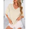 imagePRETTYGARDEN Womens Short Sleeve Sweater Tops 2026 Spring Summer Casual V Neck Ribbed Knit Trendy Eyelet Blouse T ShirtsApricot