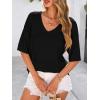 imagePRETTYGARDEN Womens Short Sleeve Sweater Tops 2026 Spring Summer Casual V Neck Ribbed Knit Trendy Eyelet Blouse T ShirtsBlack