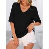 imagePRETTYGARDEN Womens Short Sleeve Sweater Tops 2026 Spring Summer Casual V Neck Ribbed Knit Trendy Eyelet Blouse T ShirtsBlack