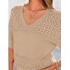 imagePRETTYGARDEN Womens Short Sleeve Sweater Tops 2026 Spring Summer Casual V Neck Ribbed Knit Trendy Eyelet Blouse T ShirtsDark Apricot