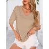 imagePRETTYGARDEN Womens Short Sleeve Sweater Tops 2026 Spring Summer Casual V Neck Ribbed Knit Trendy Eyelet Blouse T ShirtsDark Apricot