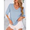 imagePRETTYGARDEN Womens Short Sleeve Sweater Tops 2026 Spring Summer Casual V Neck Ribbed Knit Trendy Eyelet Blouse T ShirtsLight Blue