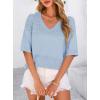 imagePRETTYGARDEN Womens Short Sleeve Sweater Tops 2026 Spring Summer Casual V Neck Ribbed Knit Trendy Eyelet Blouse T ShirtsLight Blue