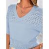 imagePRETTYGARDEN Womens Short Sleeve Sweater Tops 2026 Spring Summer Casual V Neck Ribbed Knit Trendy Eyelet Blouse T ShirtsLight Blue