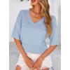 imagePRETTYGARDEN Womens Short Sleeve Sweater Tops 2026 Spring Summer Casual V Neck Ribbed Knit Trendy Eyelet Blouse T ShirtsLight Blue