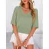 imagePRETTYGARDEN Womens Short Sleeve Sweater Tops 2026 Spring Summer Casual V Neck Ribbed Knit Trendy Eyelet Blouse T ShirtsMid Green
