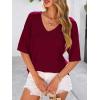 imagePRETTYGARDEN Womens Short Sleeve Sweater Tops 2026 Spring Summer Casual V Neck Ribbed Knit Trendy Eyelet Blouse T ShirtsWine Red